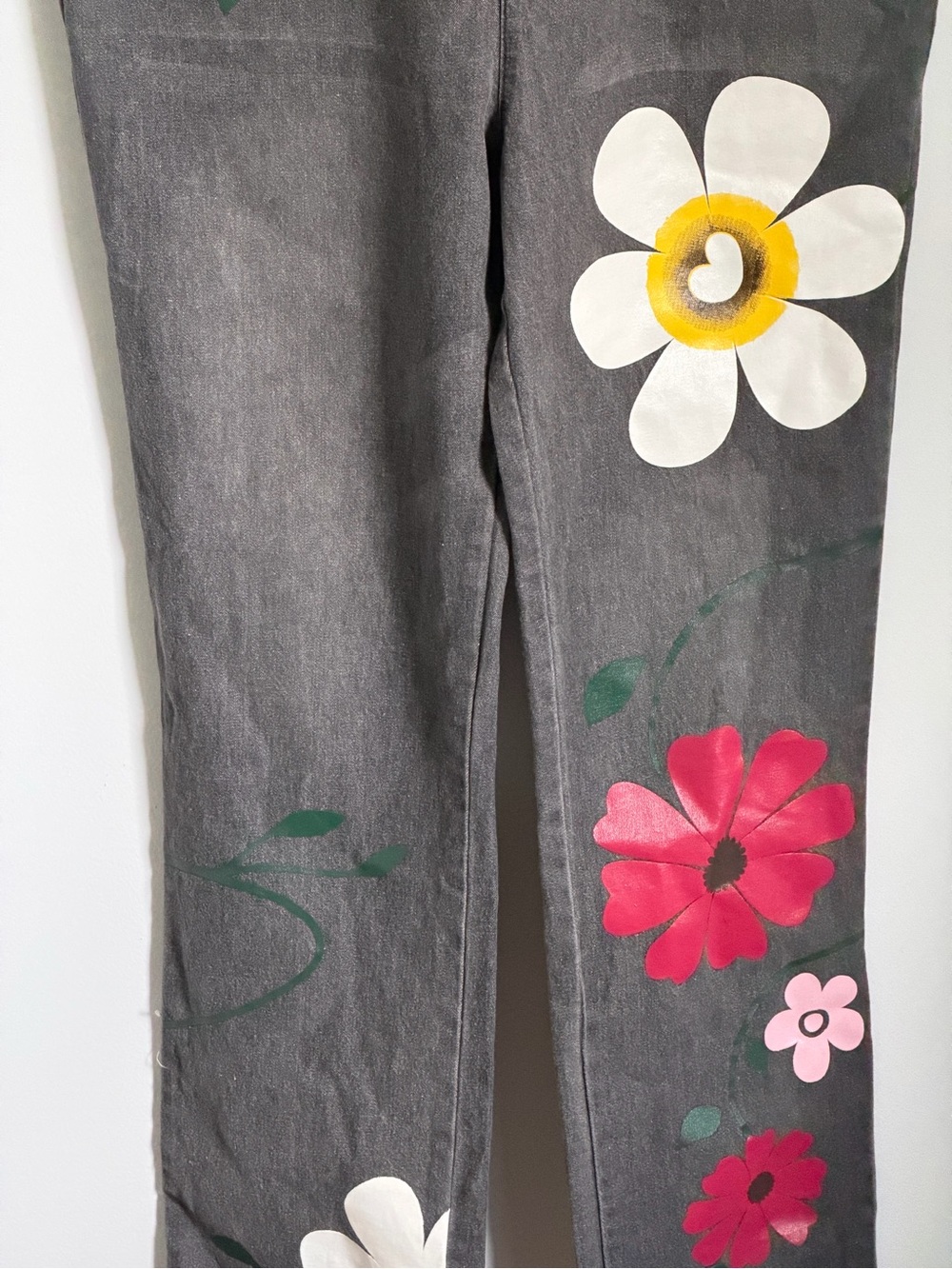 Hand-Painted Black Floral Denim Overalls Jumpsuit - Picture 2 of 8